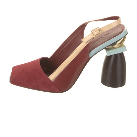 Tory Burch Burgundy and Beige Slingback Heels - Picture 1 of 4